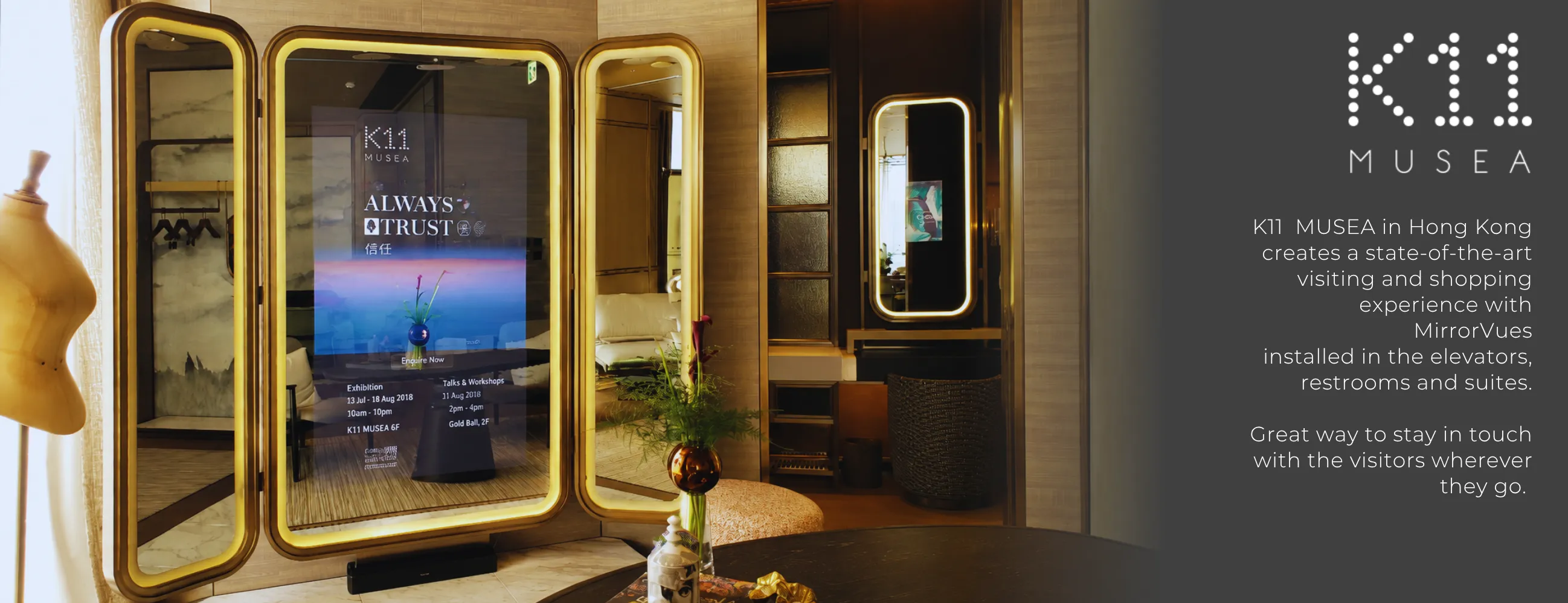 Two custom-shaped backlit mirror TV, installed on a wooden wall in Sharjah.